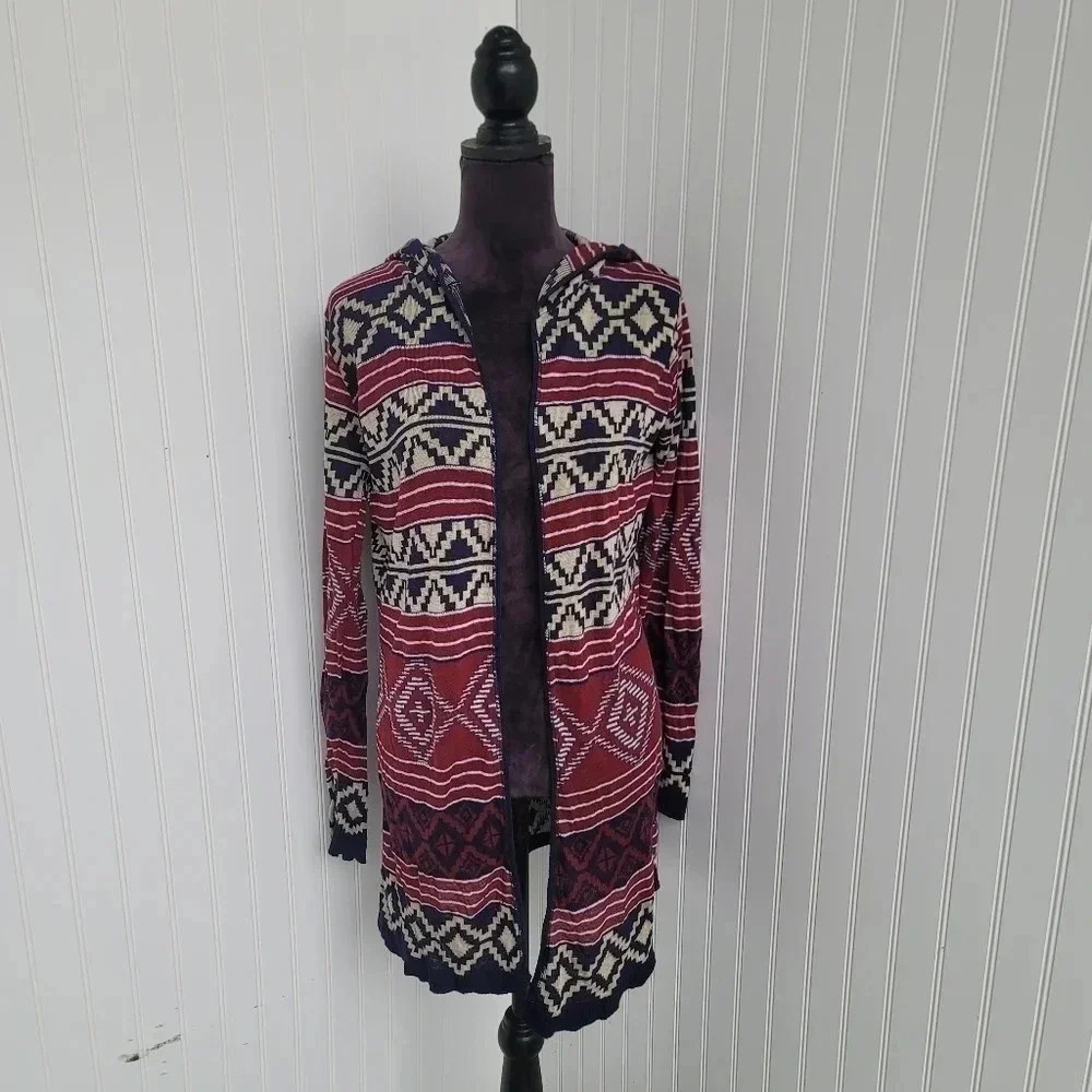 Say What? Women’s Long Sleeve Hooded Open Front Long Cardigan Aztec Boho XL